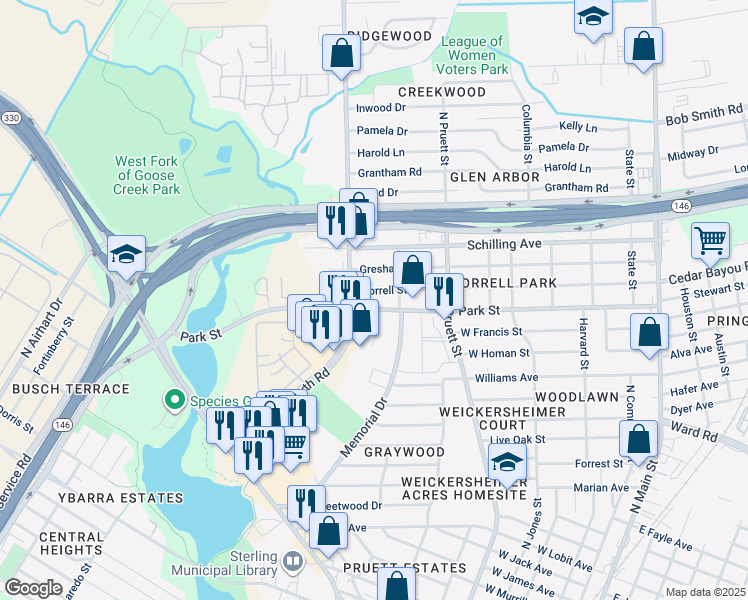 map of restaurants, bars, coffee shops, grocery stores, and more near 700 Park Street in Baytown