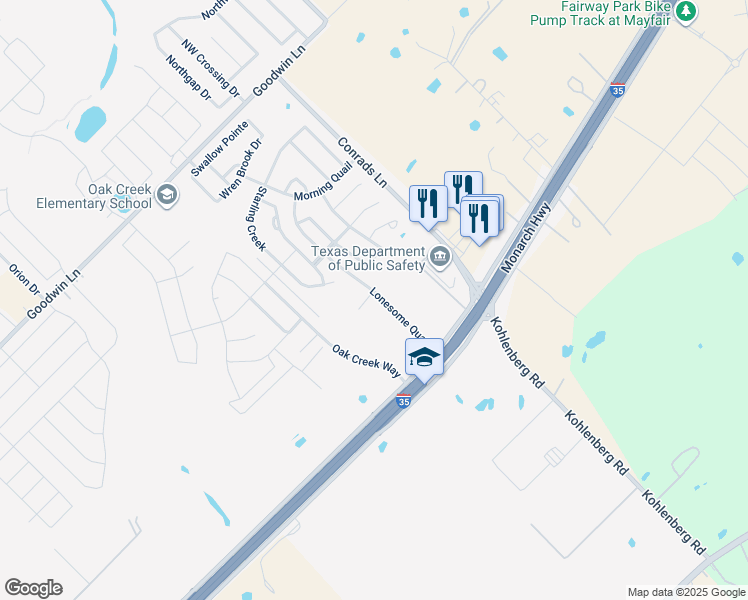 map of restaurants, bars, coffee shops, grocery stores, and more near 3140 Sparrow View Court in New Braunfels