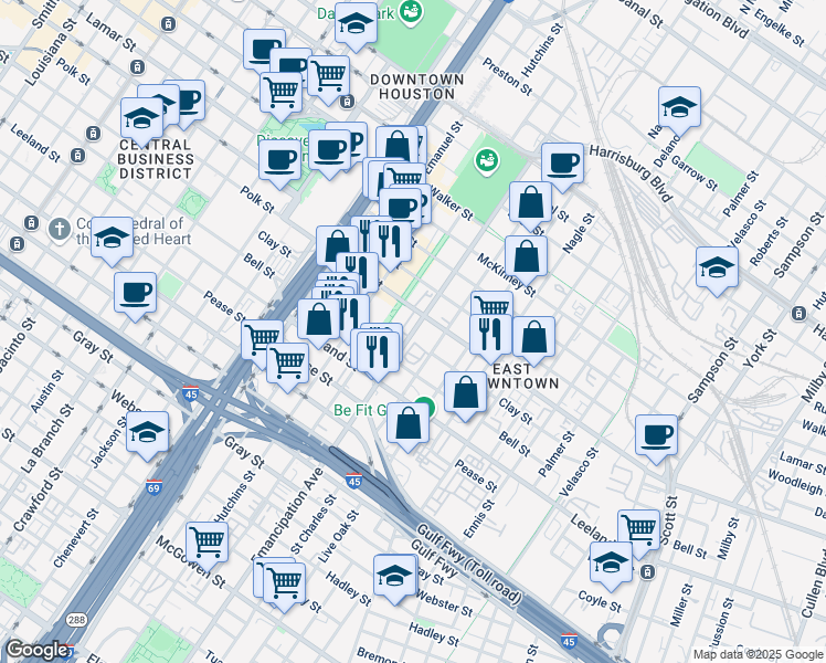 map of restaurants, bars, coffee shops, grocery stores, and more near 1332 Dowling Street in Houston