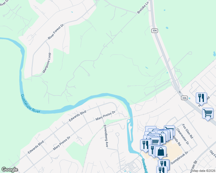 map of restaurants, bars, coffee shops, grocery stores, and more near 1479 Edwards Boulevard in New Braunfels