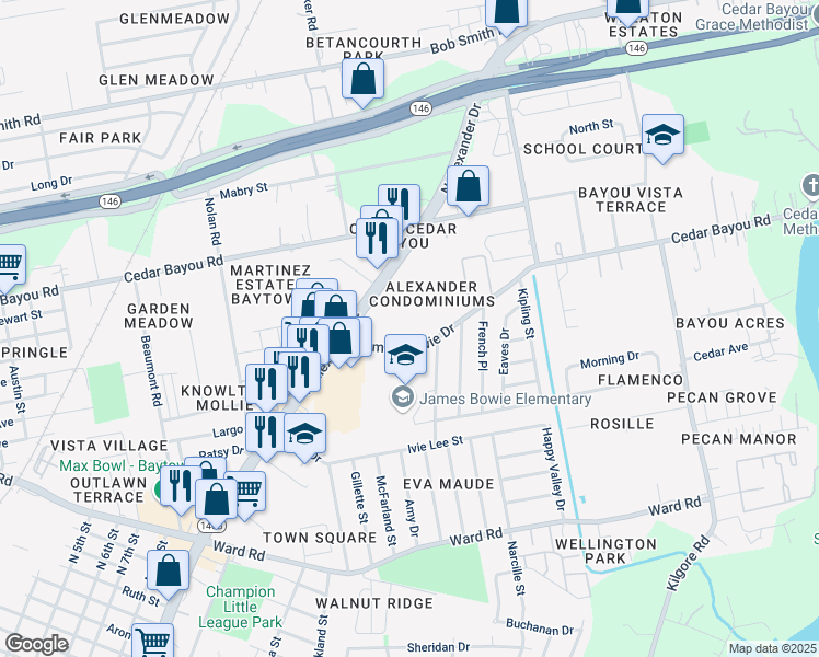 map of restaurants, bars, coffee shops, grocery stores, and more near 2610 James Bowie Drive in Baytown