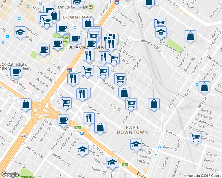 map of restaurants, bars, coffee shops, grocery stores, and more near 1228 Live Oak Street in Houston
