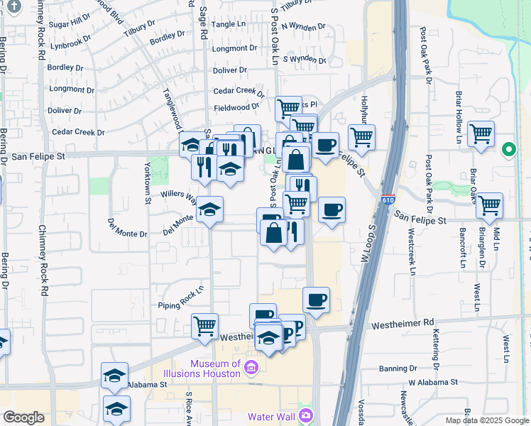 map of restaurants, bars, coffee shops, grocery stores, and more near 5050 Ambassador Way in Houston