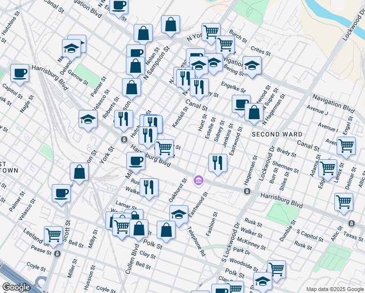 map of restaurants, bars, coffee shops, grocery stores, and more near 4015 Wilmer Street in Houston