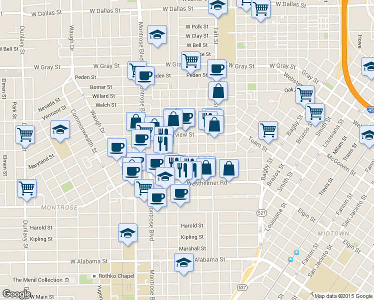 map of restaurants, bars, coffee shops, grocery stores, and more near 2603 Hopkins Street in Houston