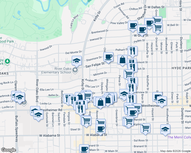 map of restaurants, bars, coffee shops, grocery stores, and more near 526 Waugh Drive in Houston