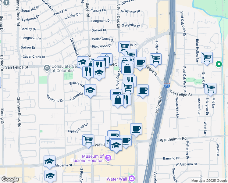 map of restaurants, bars, coffee shops, grocery stores, and more near 5107 Del Monte Drive in Houston