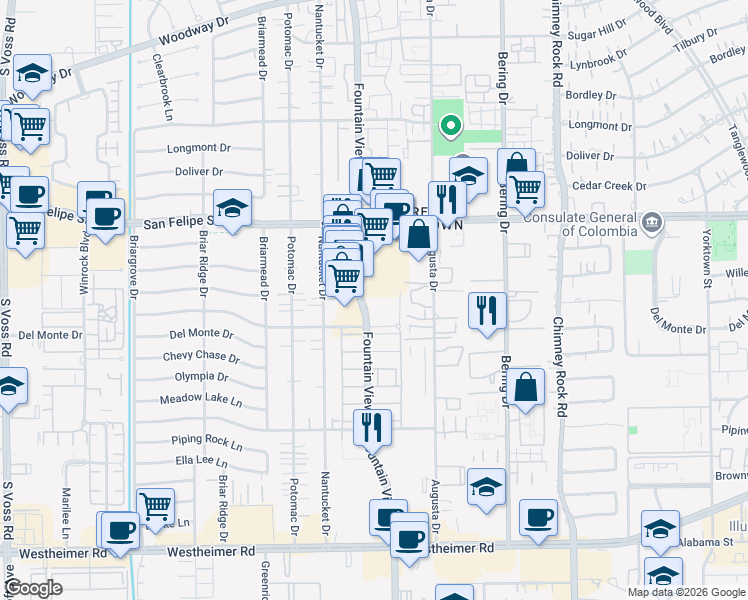 map of restaurants, bars, coffee shops, grocery stores, and more near 1957 Fountain View Drive in Houston