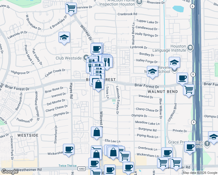 map of restaurants, bars, coffee shops, grocery stores, and more near 2005 Trixie Lane in Houston
