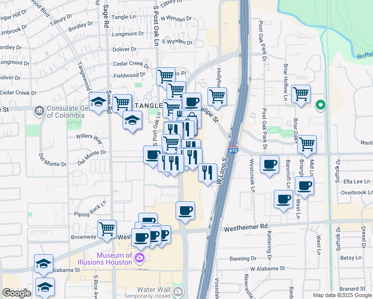 map of restaurants, bars, coffee shops, grocery stores, and more near 1801 Post Oak Boulevard in Houston