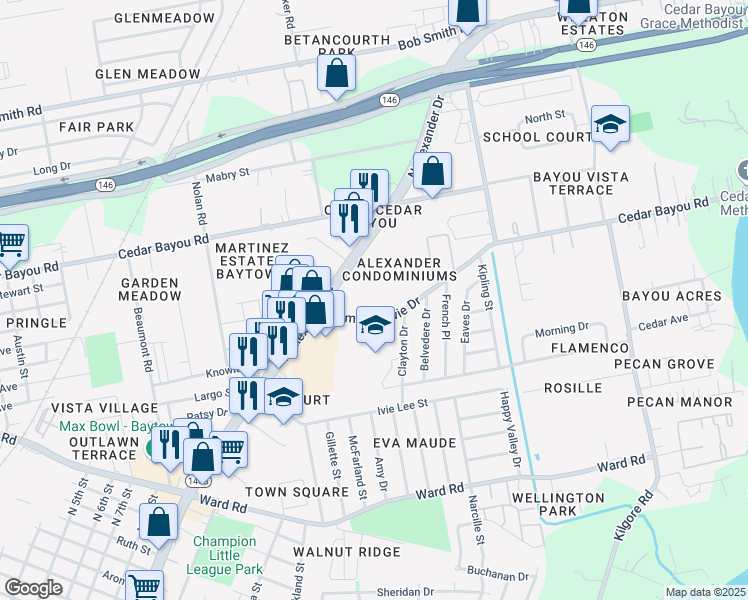 map of restaurants, bars, coffee shops, grocery stores, and more near 1610 James Bowie Drive in Baytown