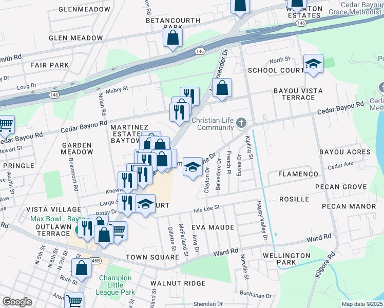 map of restaurants, bars, coffee shops, grocery stores, and more near 1610 James Bowie Drive in Baytown