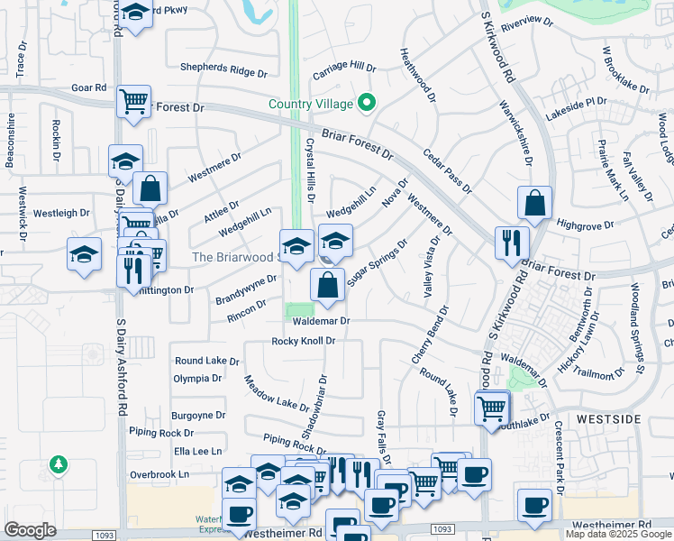 map of restaurants, bars, coffee shops, grocery stores, and more near 12207 Whittington Drive in Houston