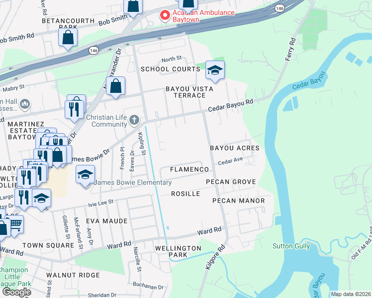 map of restaurants, bars, coffee shops, grocery stores, and more near 2312 Morning Drive in Baytown