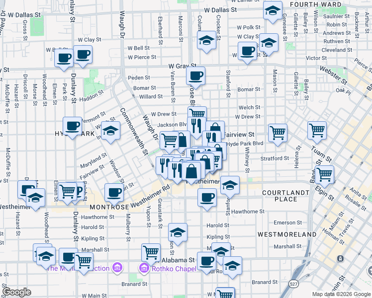 map of restaurants, bars, coffee shops, grocery stores, and more near 2515 Yoakum Boulevard in Houston