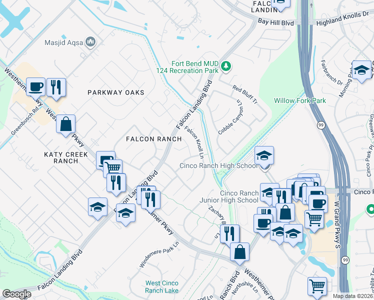map of restaurants, bars, coffee shops, grocery stores, and more near 2714 Hunting Valley Lane in Katy