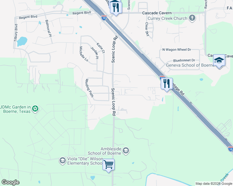 map of restaurants, bars, coffee shops, grocery stores, and more near 27 Scenic Loop Road in Boerne