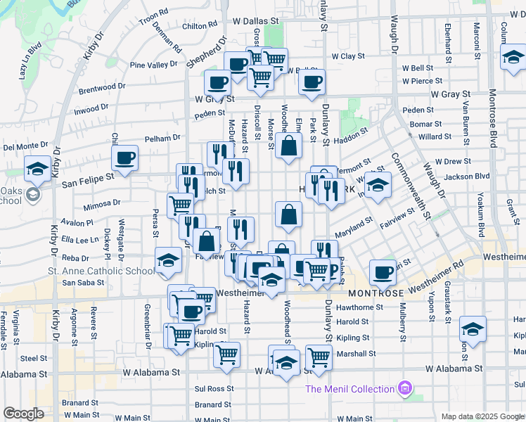 map of restaurants, bars, coffee shops, grocery stores, and more near 2111 Driscoll Street in Houston