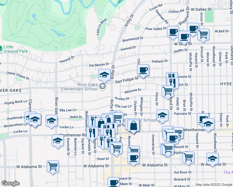 map of restaurants, bars, coffee shops, grocery stores, and more near 2607 Avalon Place in Houston