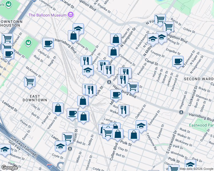 map of restaurants, bars, coffee shops, grocery stores, and more near 3530 Harrisburg Boulevard in Houston
