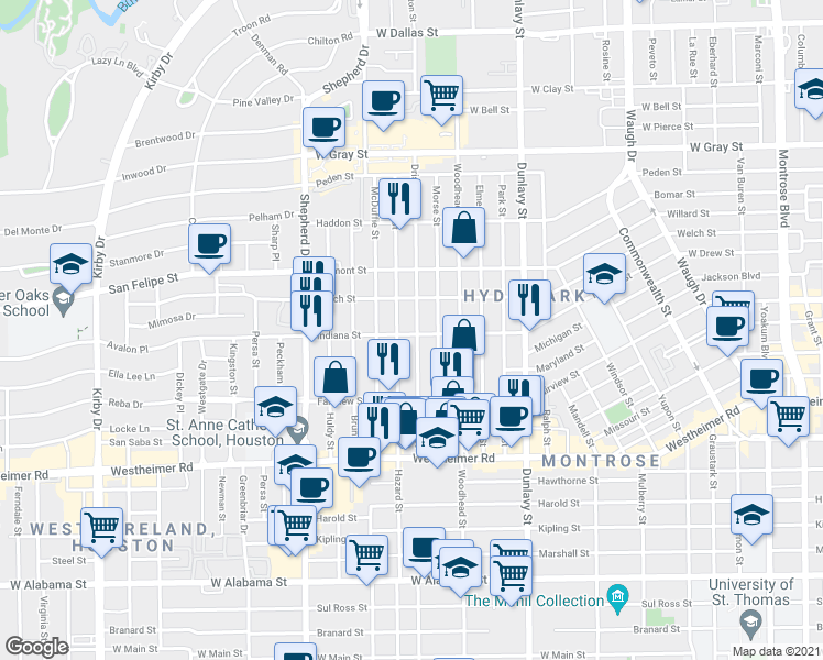 map of restaurants, bars, coffee shops, grocery stores, and more near 1974 Indiana Street in Houston