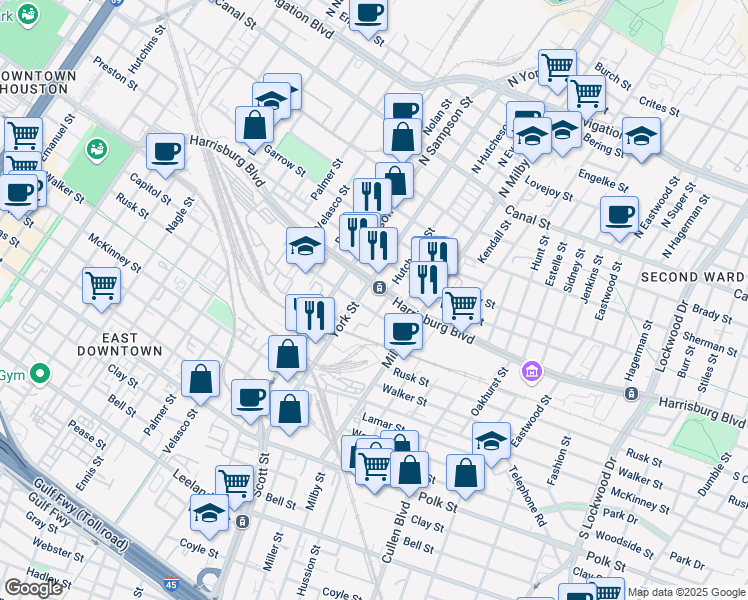 map of restaurants, bars, coffee shops, grocery stores, and more near 3601 Texas Street in Houston