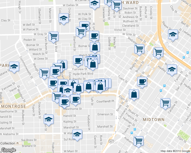 map of restaurants, bars, coffee shops, grocery stores, and more near 2616 Mason Street in Houston