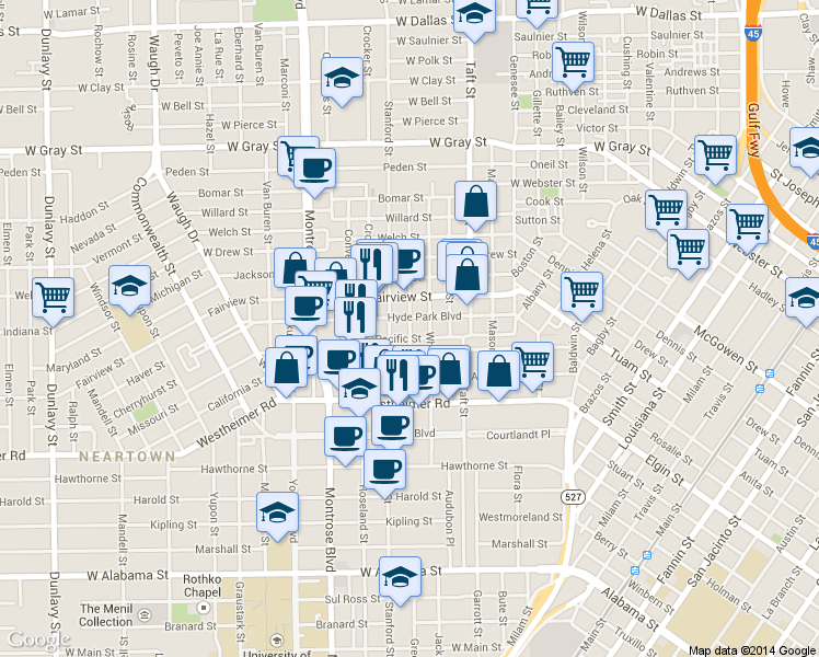 map of restaurants, bars, coffee shops, grocery stores, and more near 2603 Hopkins Street in Houston
