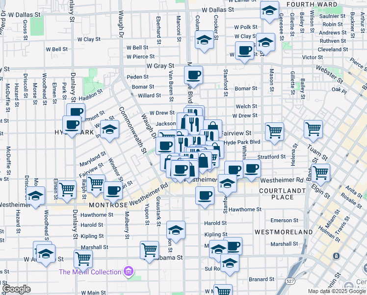 map of restaurants, bars, coffee shops, grocery stores, and more near 2515 Yoakum Boulevard in Houston