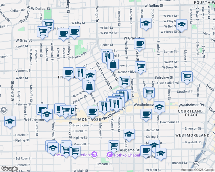 map of restaurants, bars, coffee shops, grocery stores, and more near 1515 Hyde Park Boulevard in Houston