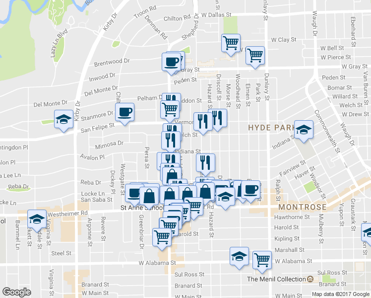 map of restaurants, bars, coffee shops, grocery stores, and more near 2110 Brun Street in Houston