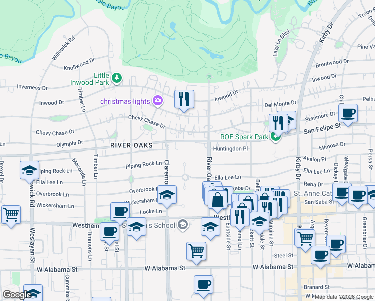 map of restaurants, bars, coffee shops, grocery stores, and more near 10 Briarwood Court in Houston