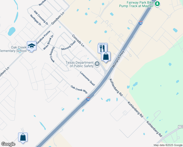 map of restaurants, bars, coffee shops, grocery stores, and more near 3140 Sparrow View Court in New Braunfels