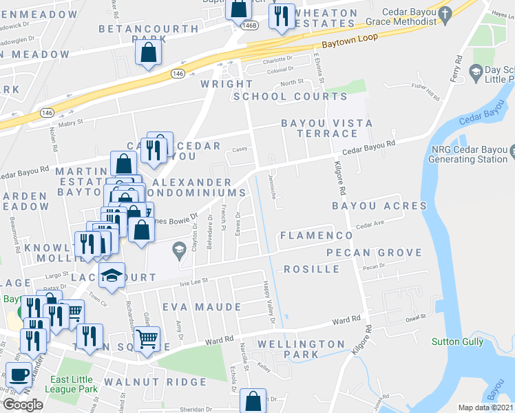 map of restaurants, bars, coffee shops, grocery stores, and more near 2303 Kipling Street in Baytown