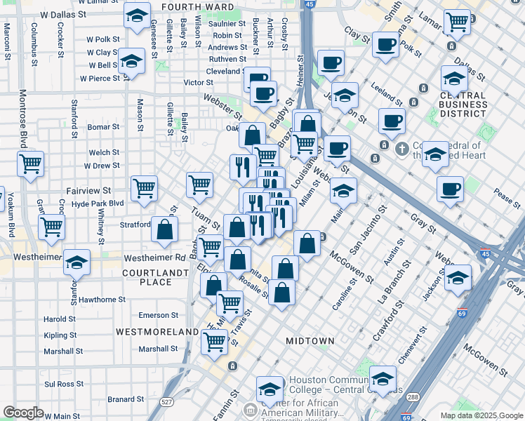 map of restaurants, bars, coffee shops, grocery stores, and more near 600 McGowen Street in Houston