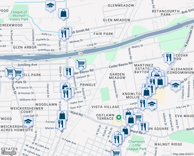 map of restaurants, bars, coffee shops, grocery stores, and more near 413 East Homan Avenue in Baytown