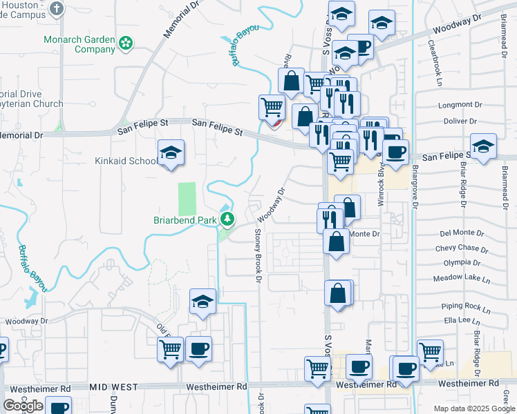 map of restaurants, bars, coffee shops, grocery stores, and more near 7828 Woodway Drive in Houston