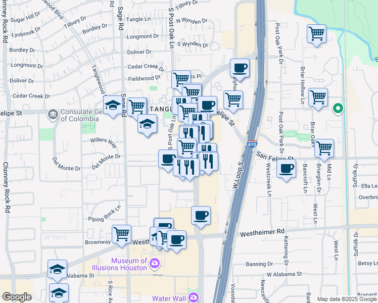 map of restaurants, bars, coffee shops, grocery stores, and more near 1900 Post Oak Boulevard in Houston