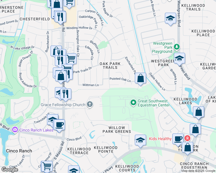 map of restaurants, bars, coffee shops, grocery stores, and more near 21547 Tallow Grove Lane in Katy
