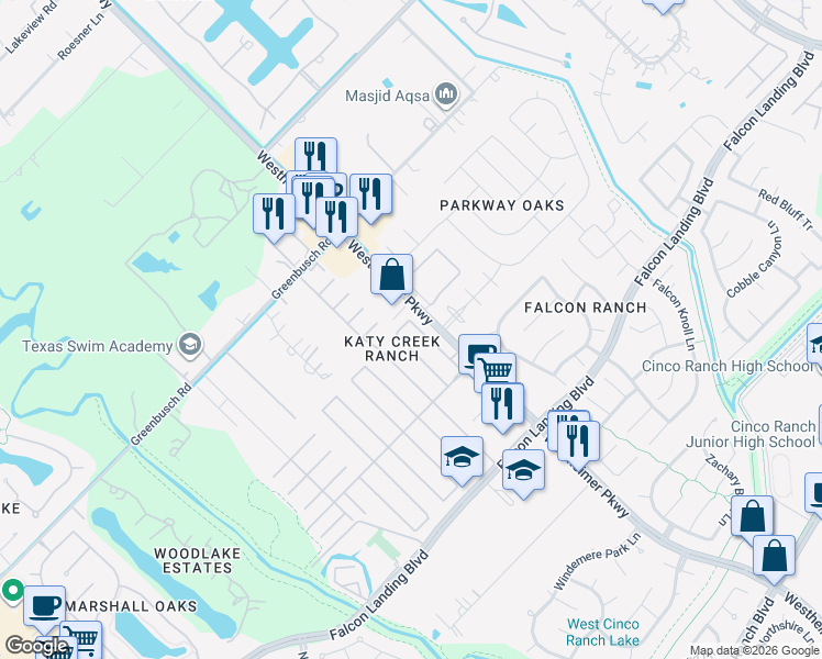 map of restaurants, bars, coffee shops, grocery stores, and more near 25206 Bluma Ranch Drive in Katy