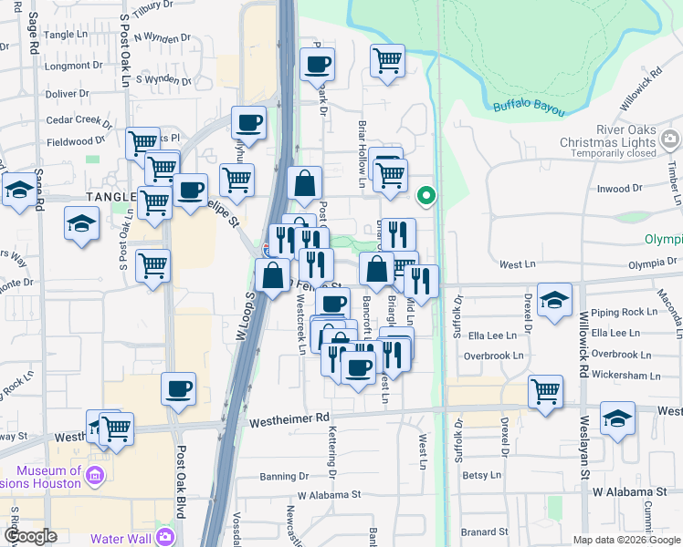 map of restaurants, bars, coffee shops, grocery stores, and more near 1919 Post Oak Park Drive in Houston