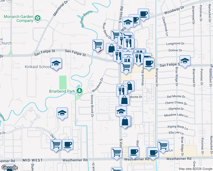 map of restaurants, bars, coffee shops, grocery stores, and more near 7538 Inwood Drive in Houston