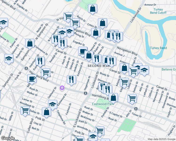 map of restaurants, bars, coffee shops, grocery stores, and more near 201 Super Street in Houston