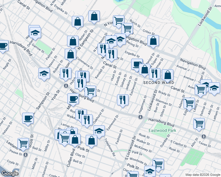 map of restaurants, bars, coffee shops, grocery stores, and more near 227 Hunt Street in Houston