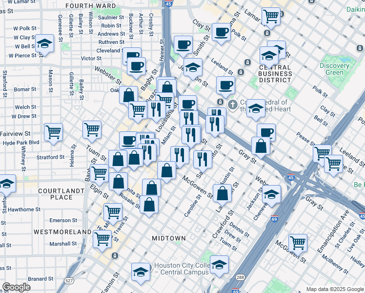 map of restaurants, bars, coffee shops, grocery stores, and more near 2401 Main street in Houston