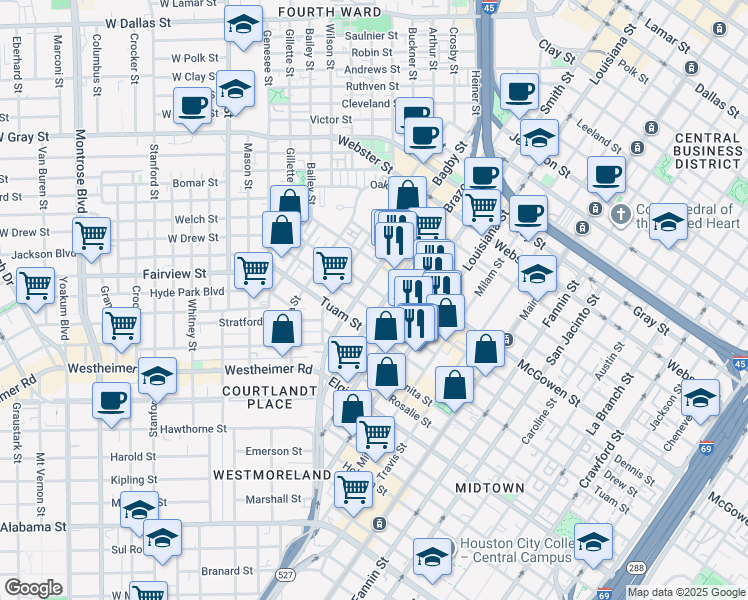 map of restaurants, bars, coffee shops, grocery stores, and more near 2714 Smith Street in Houston