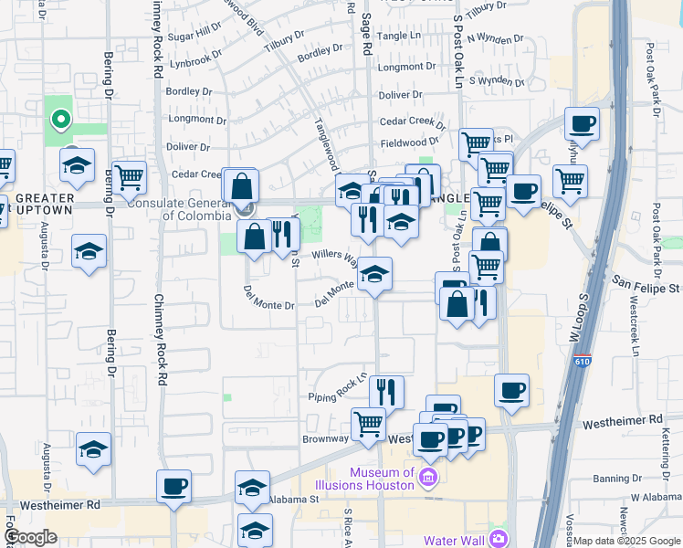 map of restaurants, bars, coffee shops, grocery stores, and more near 5327 Del Monte Drive in Houston