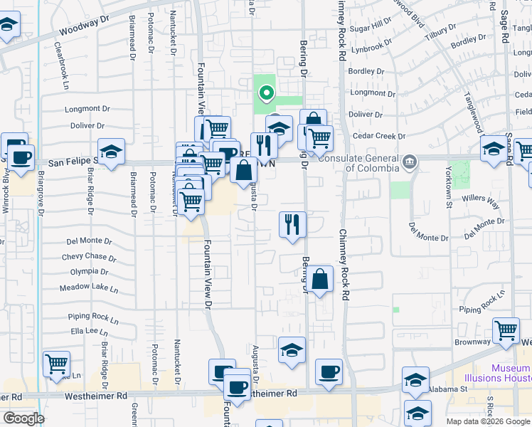 map of restaurants, bars, coffee shops, grocery stores, and more near 1901 Augusta Drive in Houston