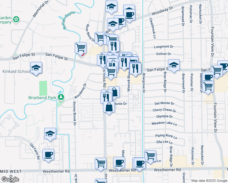 map of restaurants, bars, coffee shops, grocery stores, and more near 6402 Del Monte Drive in Houston