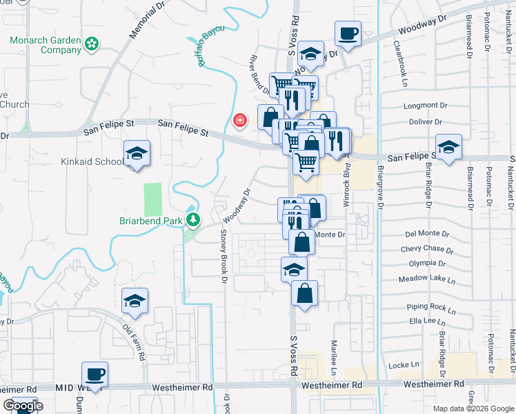 map of restaurants, bars, coffee shops, grocery stores, and more near 7538 Inwood Drive in Houston